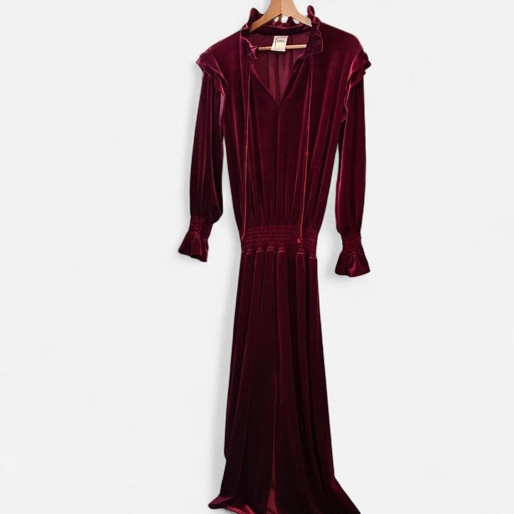 Finley Mary Jane Velvet Smocked Waist Dress Burgundy Ruffles Maxi Sz M/L